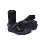The Volcom Men's 3MM Split Toe Booties are black neoprene surf booties with Velcro straps and the Volcom logo, designed for water sports, shown against a white background.