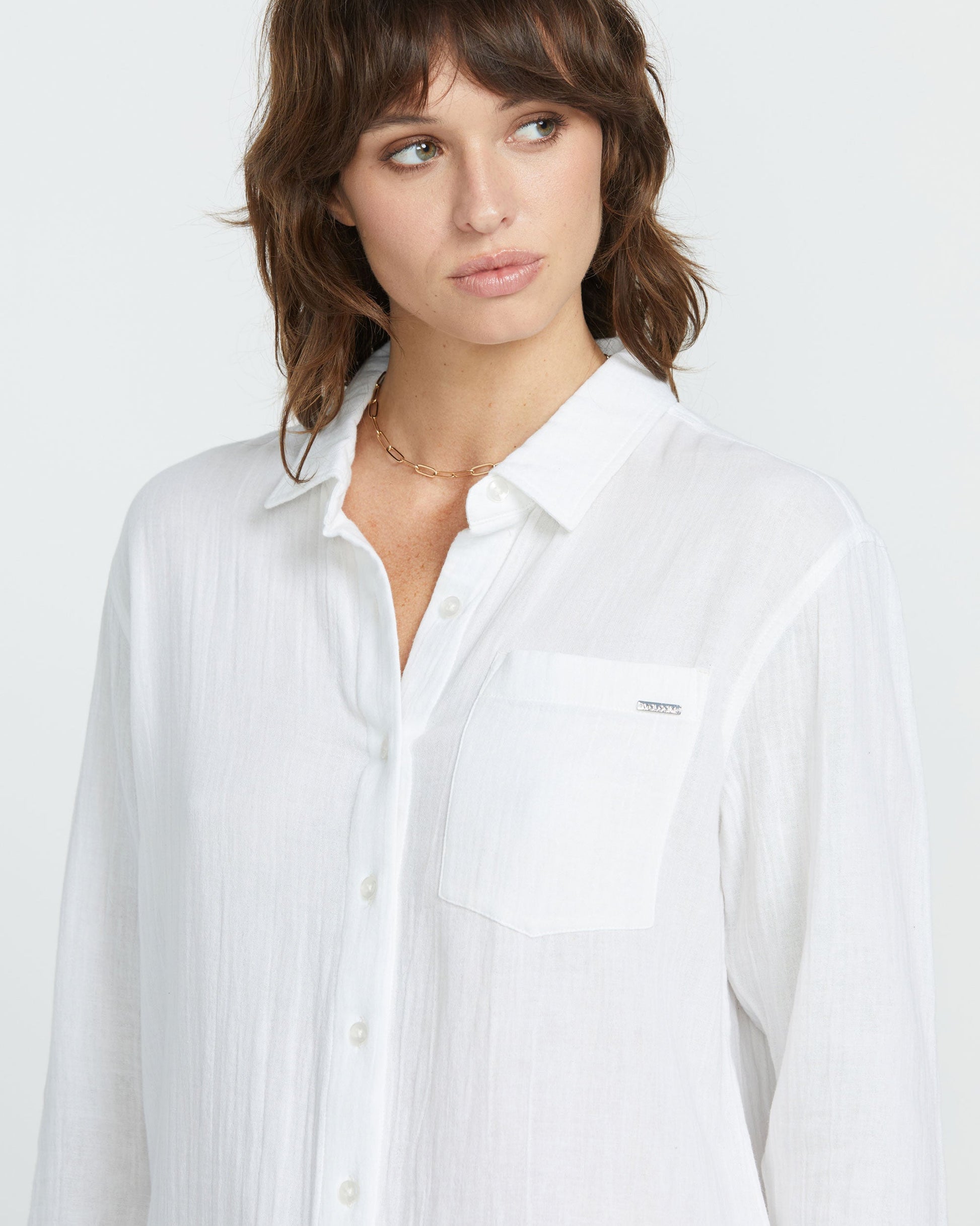 Women's Lil Button Up Long Sleeve Shirt-White-Volcom