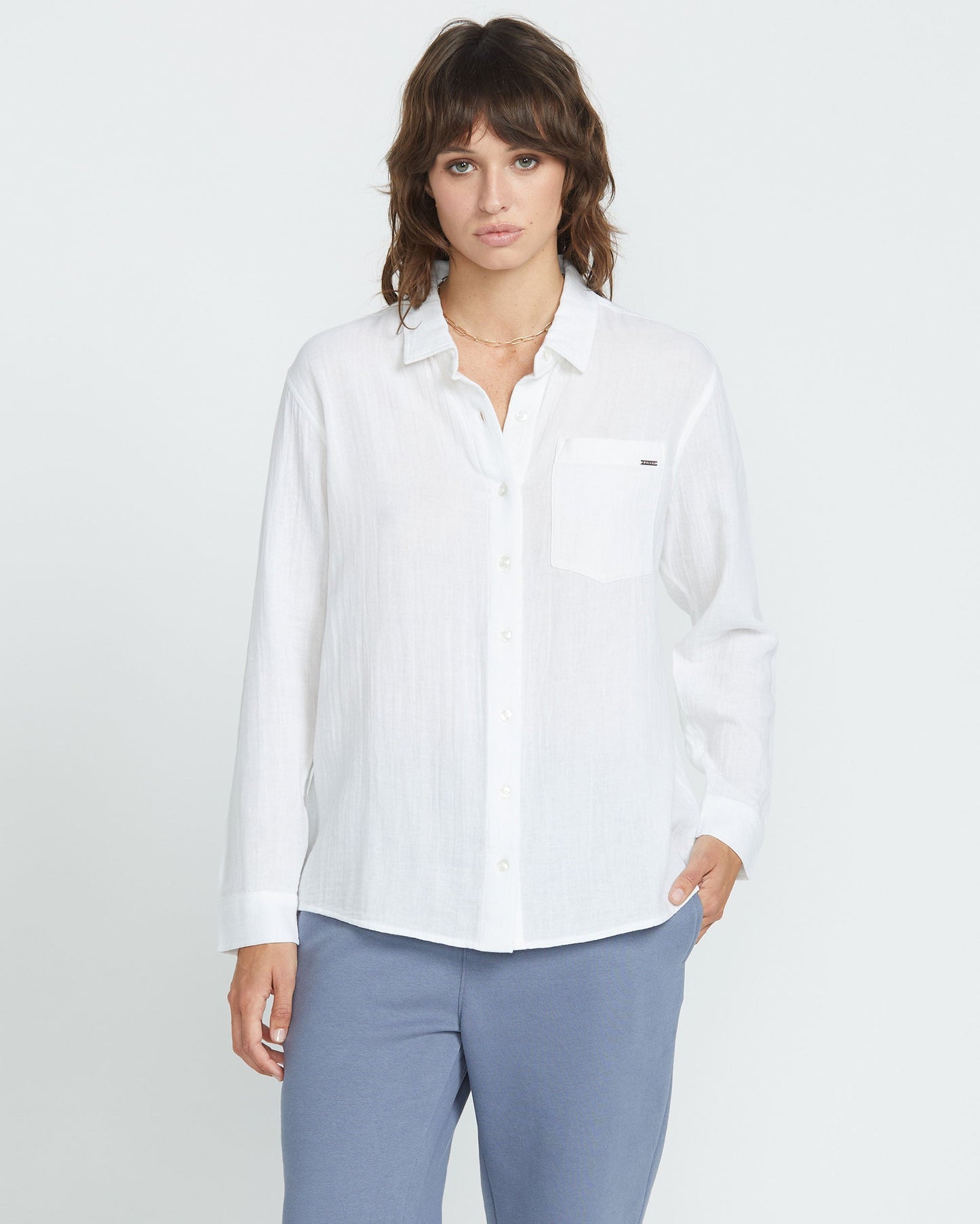 Women's Lil Button Up Long Sleeve Shirt-White-Volcom