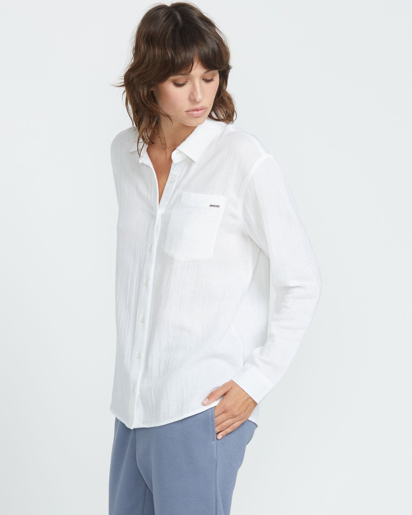 Women's Lil Button Up Long Sleeve Shirt-White-Volcom