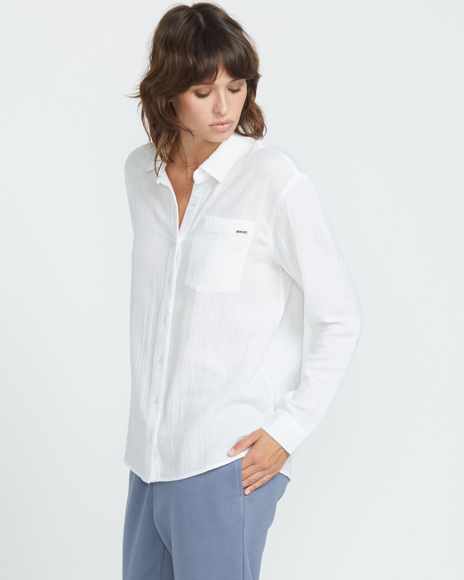 Women's Lil Button Up Long Sleeve Shirt-White-Volcom