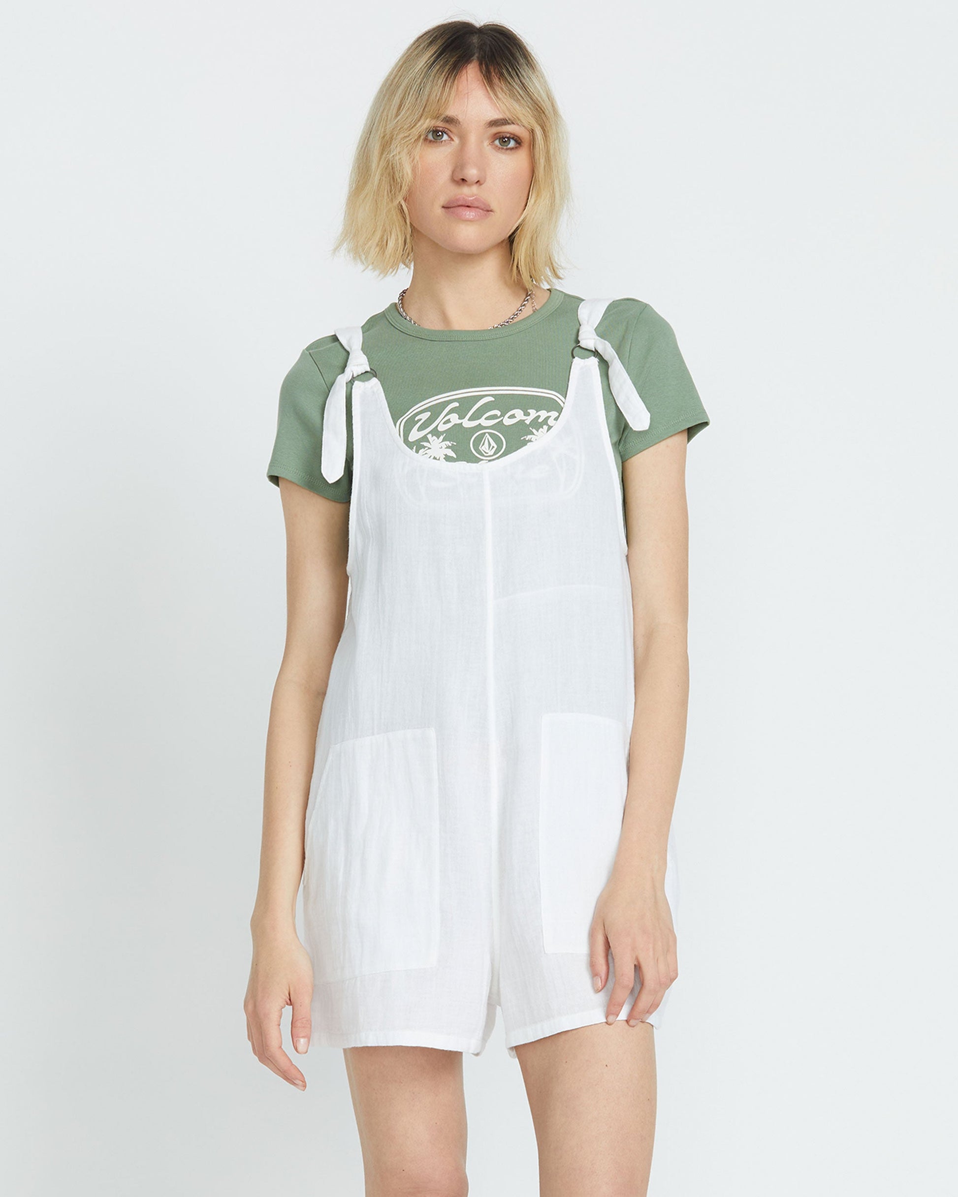Women's Lil Tie Strap Romper-White-Volcom