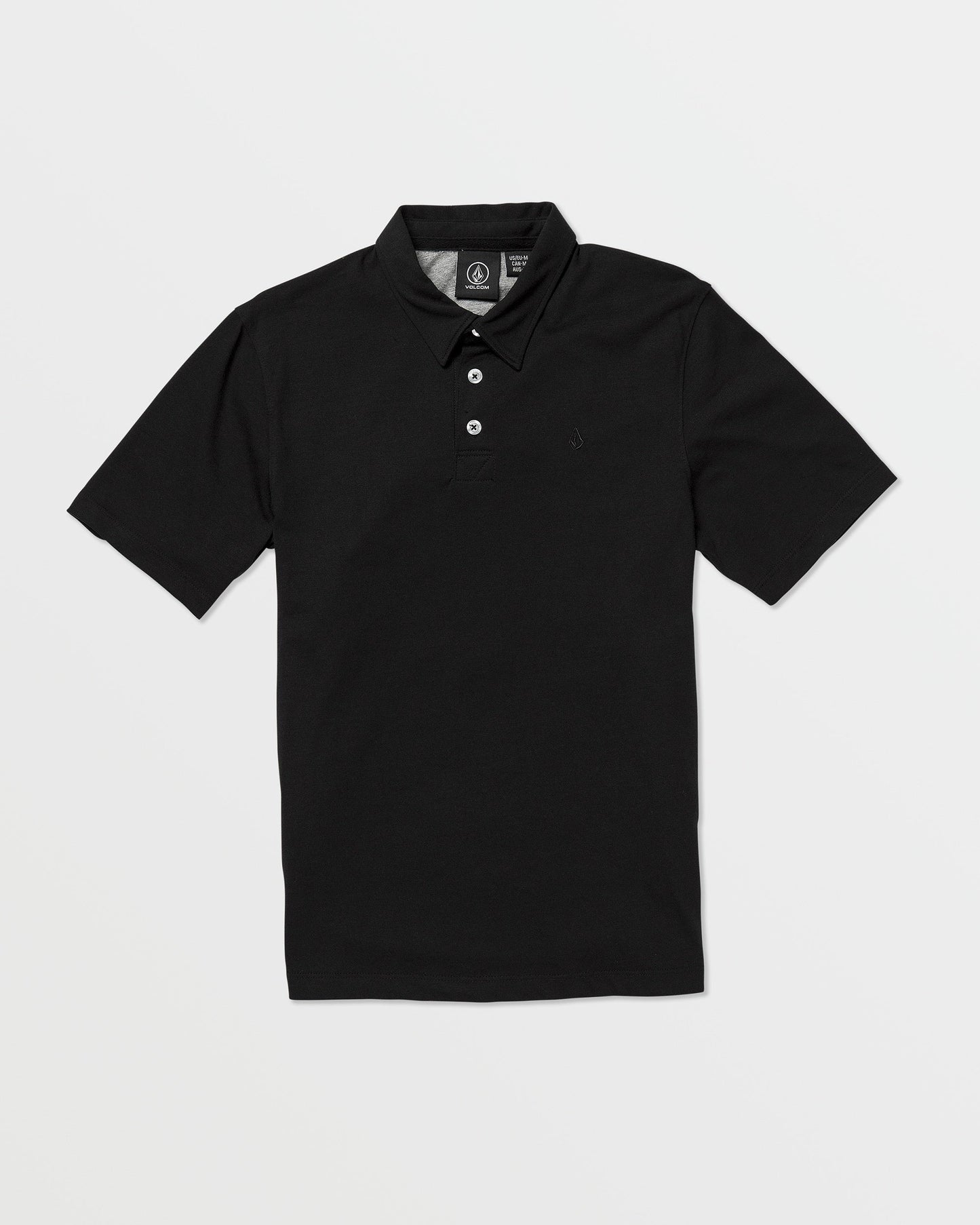 The Volcom Kids' Wowzer Polo Short Sleeve Tee is a black, modern fit collared shirt with three white buttons, made from a soft cotton-poly blend and shown laid flat on a white background.