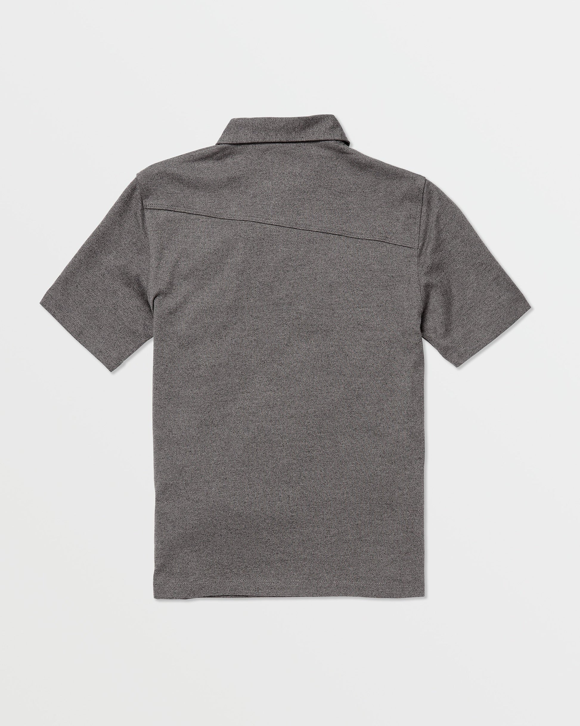 The Volcom Kids' Wowzer Polo Short Sleeve Tee is shown in heather gray, laid flat with the back side up. This modern fit polo features a straight hem, simple collar, and soft cotton-poly blend on a plain white background.
