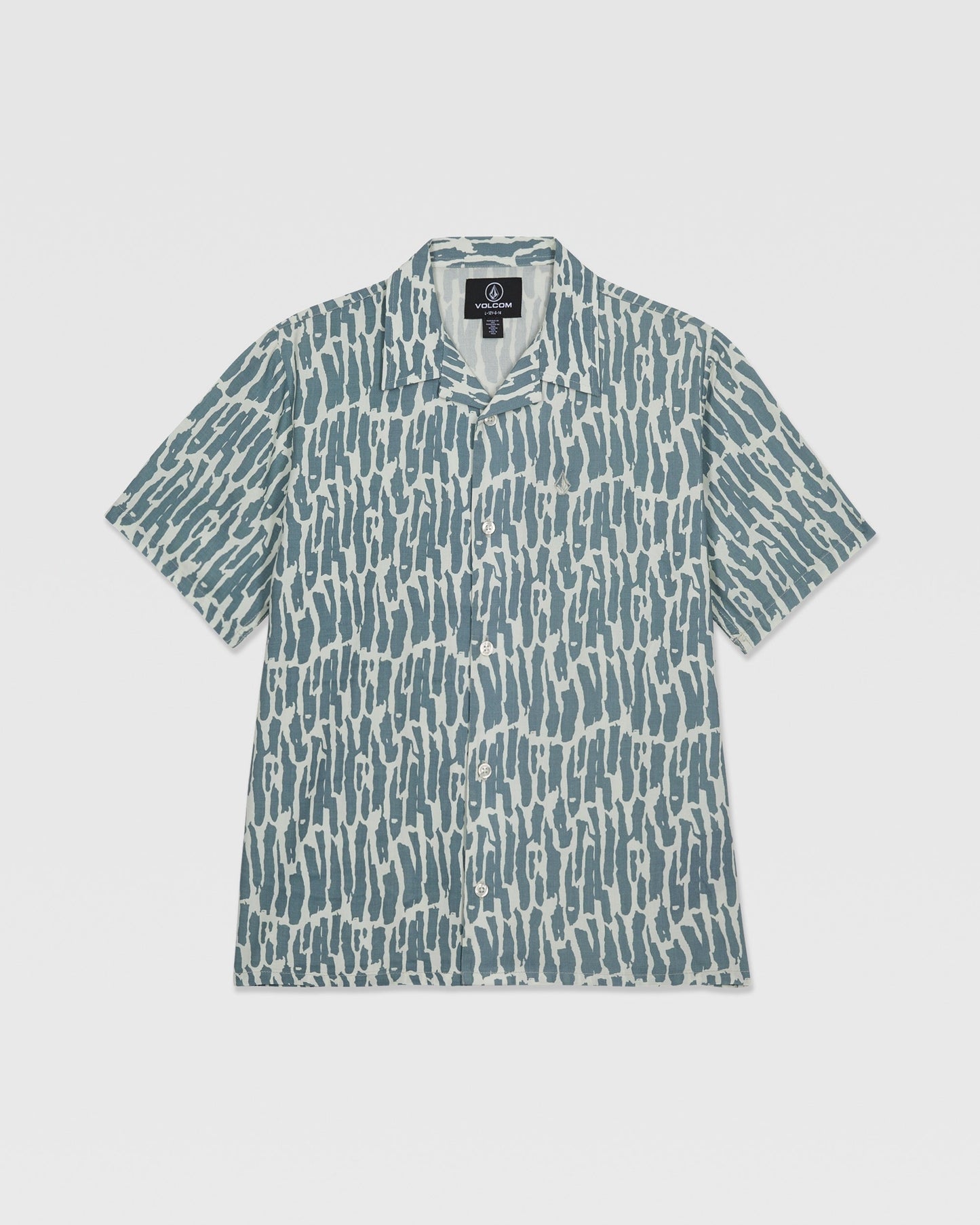 The Volcom Kids' Boldstone Short Sleeve Tee features a boxy fit, collar, and button-up front with an allover abstract blue and white brushstroke print. It's shown laid flat on a white background.