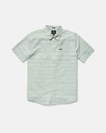 The Men's Bankstone II Short Sleeve Tee by Volcom features a light green color, classic fit, crew neck, and single chest pocket. This textured tee is laid flat on a white background.