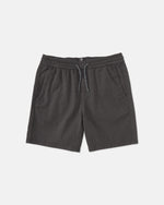 Volcom Kids' Big Boys' Frickin Elastic Waist Shorts in charcoal gray, made from recycled poly-cotton with a drawstring tie, side pockets, and front button detail, shown on a plain white background.