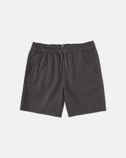 Volcom Kids' Big Boys' Frickin Elastic Waist Shorts in charcoal gray, made from recycled poly-cotton with a drawstring tie, side pockets, and front button detail, shown on a plain white background.