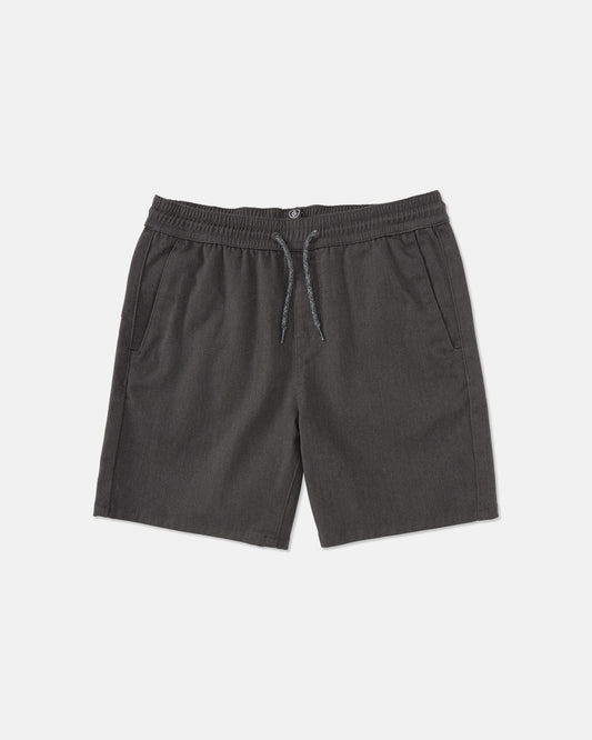 Volcom Kids' Big Boys' Frickin Elastic Waist Shorts in charcoal gray, made from recycled poly-cotton with a drawstring tie, side pockets, and front button detail, shown on a plain white background.