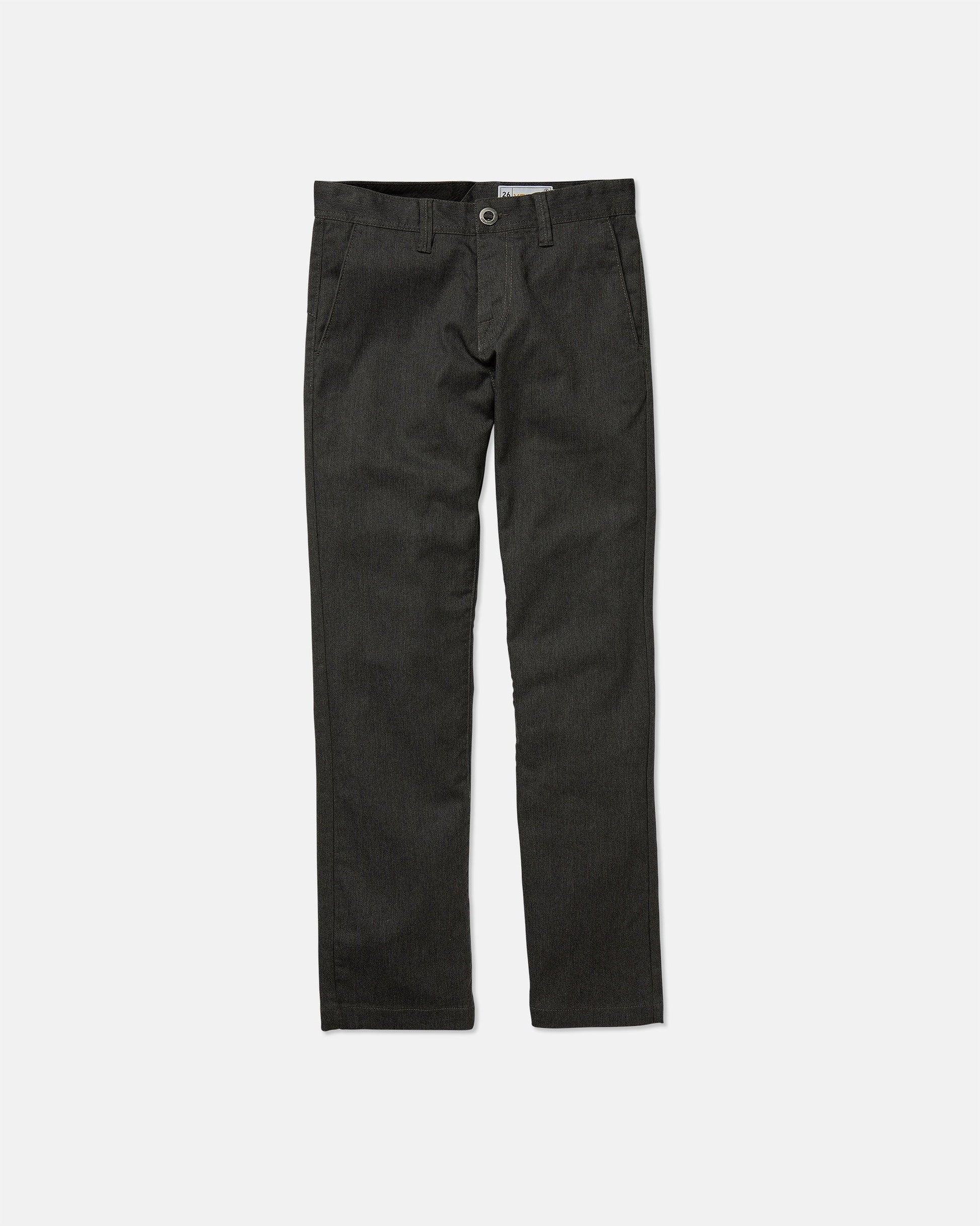 The Volcom Kids' Big Boys' Frickin Modern Stretch Pants are straight-cut, dark gray pants with a button closure, front pockets, and belt loops, made from recycled fibers and shown laid flat on a white background.