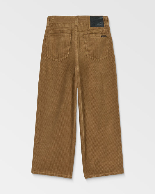Kids' Billow Cord Pants by Volcom in brown, wide leg with loose tapered fit, two back pockets, visible stitching, and a black waistband label shown from the rear.