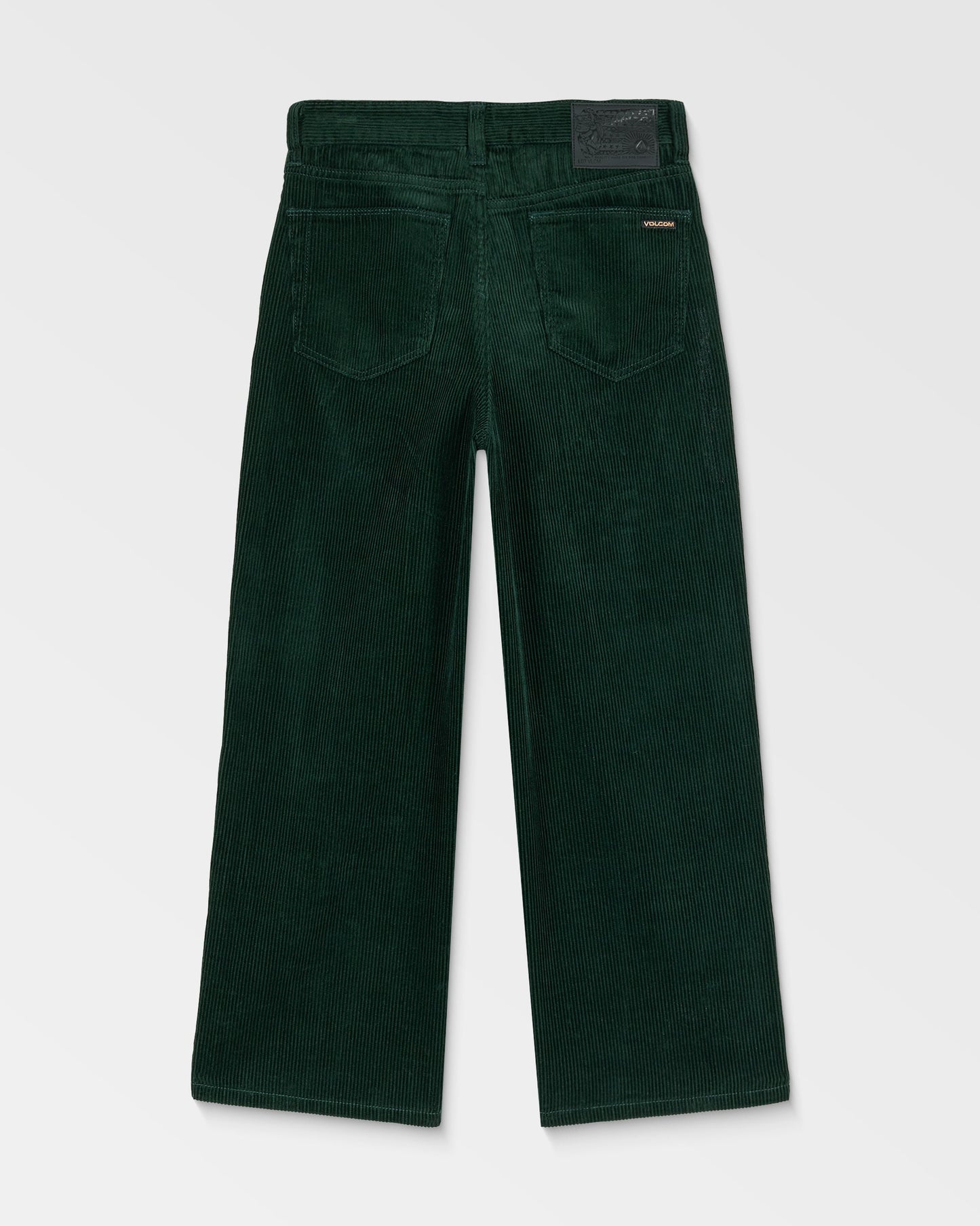 Kids' Big Boys' Billow Cord Pants by Volcom in dark green, shown laid flat from the back with a loose tapered fit, wide legs, two back pockets, and a black brand label on the waistband against a plain light gray background.