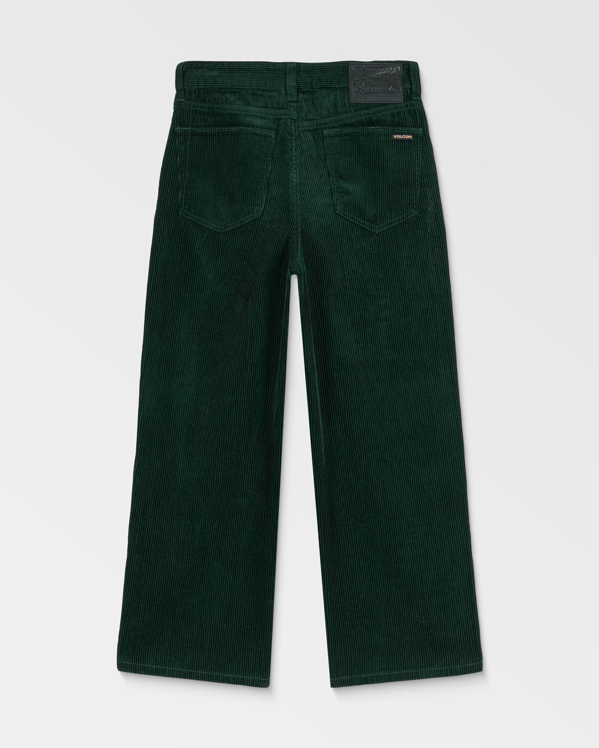 Kids' Big Boys' Billow Cord Pants by Volcom in dark green, shown laid flat from the back with a loose tapered fit, wide legs, two back pockets, and a black brand label on the waistband against a plain light gray background.