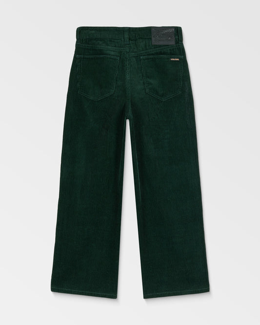 Kids' Big Boys' Billow Cord Pants by Volcom in dark green, shown laid flat from the back with a loose tapered fit, wide legs, two back pockets, and a black brand label on the waistband against a plain light gray background.