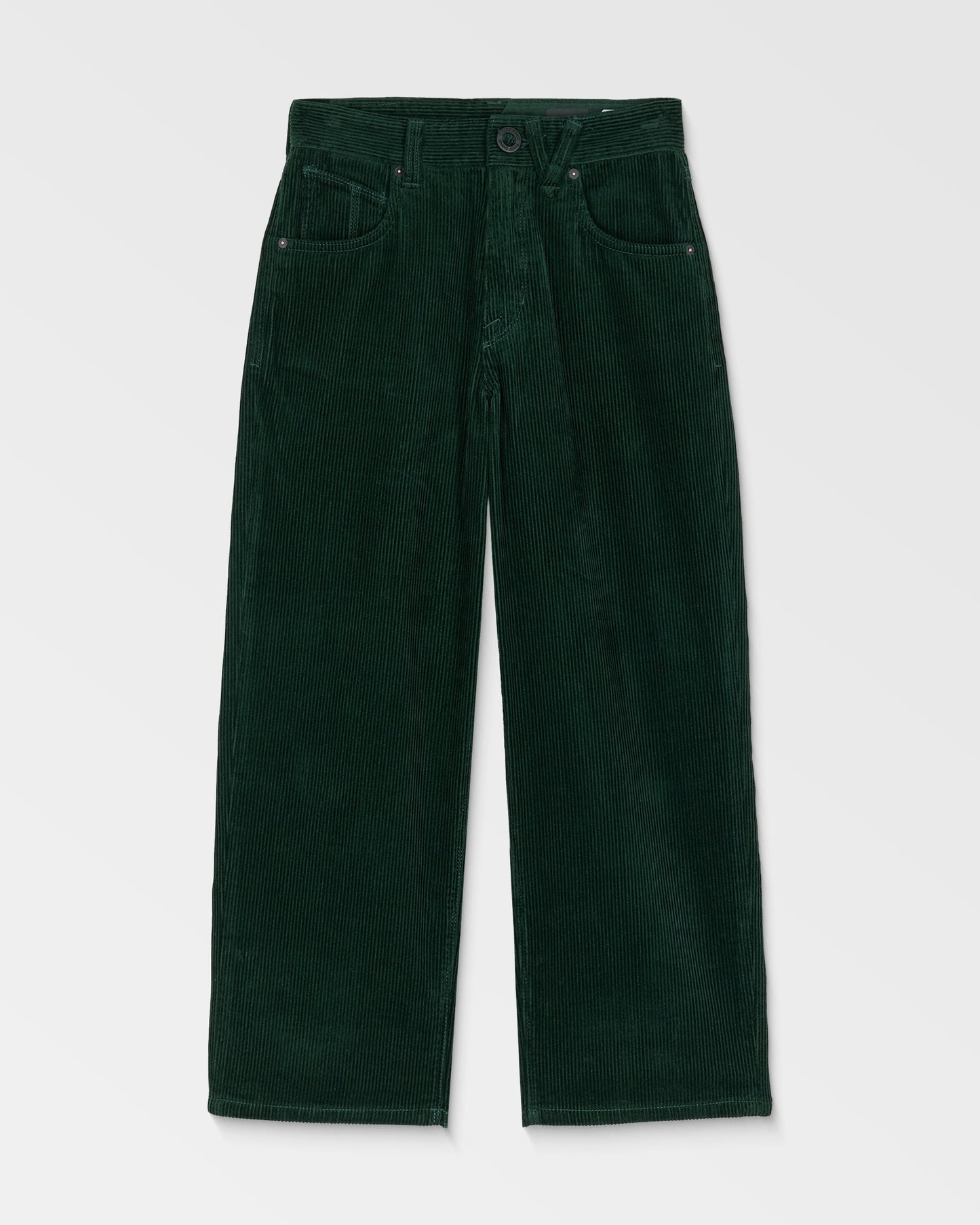 Kids' Big Boys' Billow Cord Pants by Volcom in dark green, featuring a loose tapered wide-leg fit, front button and zipper closure, belt loops, and front pockets, shown laid flat on a white background.