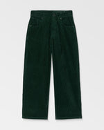 Kids' Big Boys' Billow Cord Pants by Volcom in dark green, featuring a loose tapered wide-leg fit, front button and zipper closure, belt loops, and front pockets, shown laid flat on a white background.