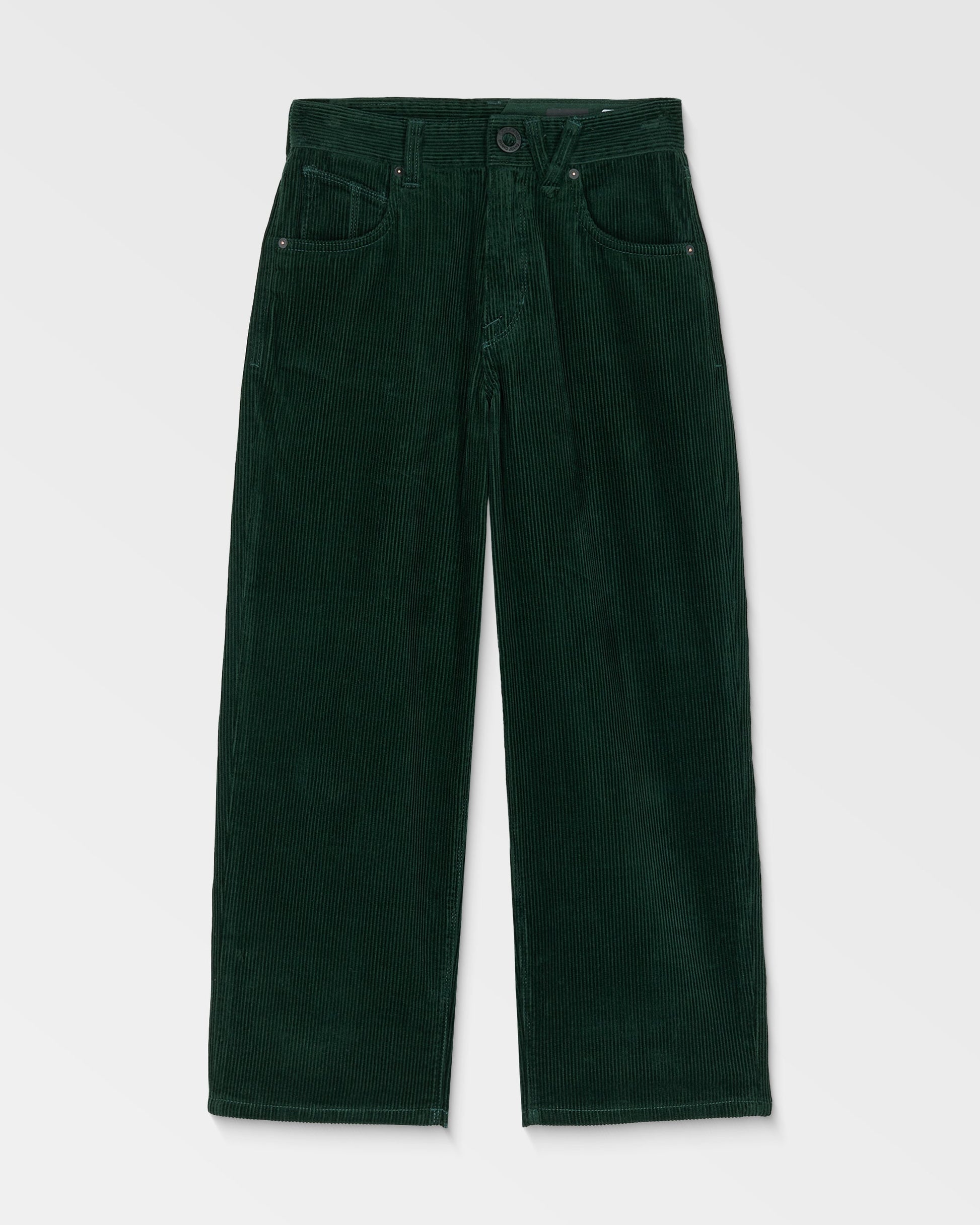 Kids' Big Boys' Billow Cord Pants by Volcom in dark green, featuring a loose tapered wide-leg fit, front button and zipper closure, belt loops, and front pockets, shown laid flat on a white background.