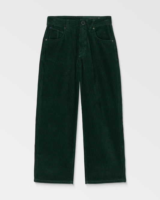 Kids' Big Boys' Billow Cord Pants by Volcom in dark green, featuring a loose tapered wide-leg fit, front button and zipper closure, belt loops, and front pockets, shown laid flat on a white background.
