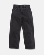 A pair of Volcom Boy's Big Boys' Billow Denim II Pants, featuring a high-waisted, loose fit design with front and back pockets, displayed flat on a white background.