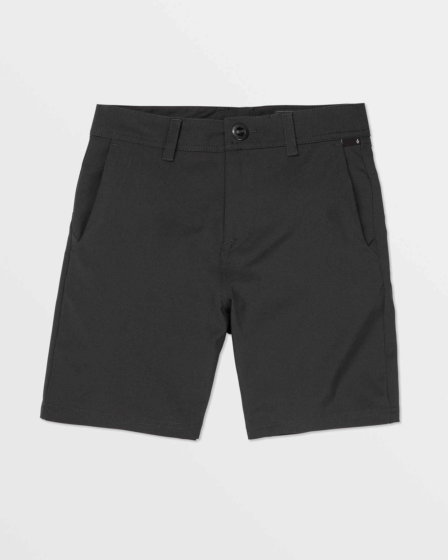 Volcom Kids' Big Boys Frickin Cross Shred Static Shorts, black knee-length with belt loops, side pockets, and button closure, displayed flat on a white background.