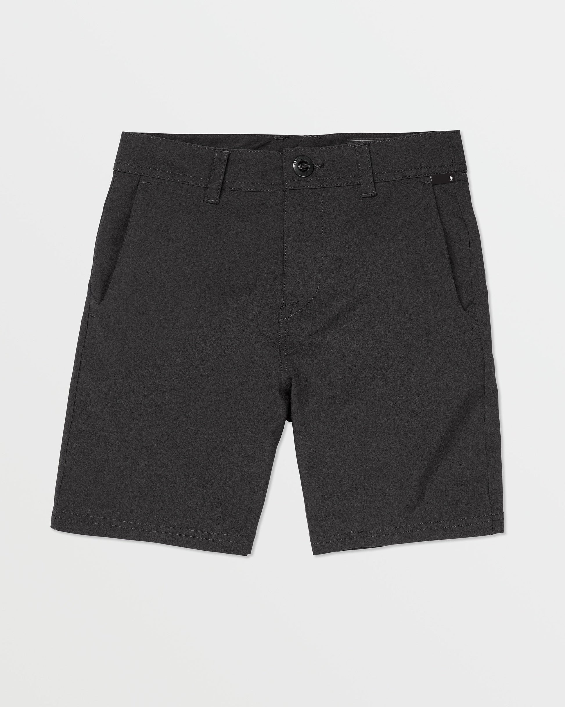 Volcom Kids' Big Boys Frickin Cross Shred Static Shorts, black knee-length with belt loops, side pockets, and button closure, displayed flat on a white background.