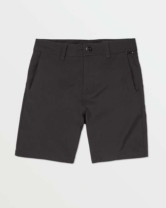 Volcom Kids' Big Boys Frickin Cross Shred Static Shorts, black knee-length with belt loops, side pockets, and button closure, displayed flat on a white background.