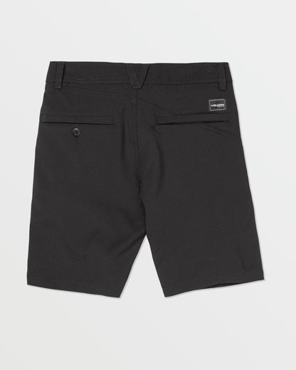 Shown from the back, the Volcom Kids' Big Boys Frickin Cross Shred Static Shorts feature belt loops, two rear welt pockets (one with a button), a brand label above the right pocket, and are made with recycled polyester for comfort.