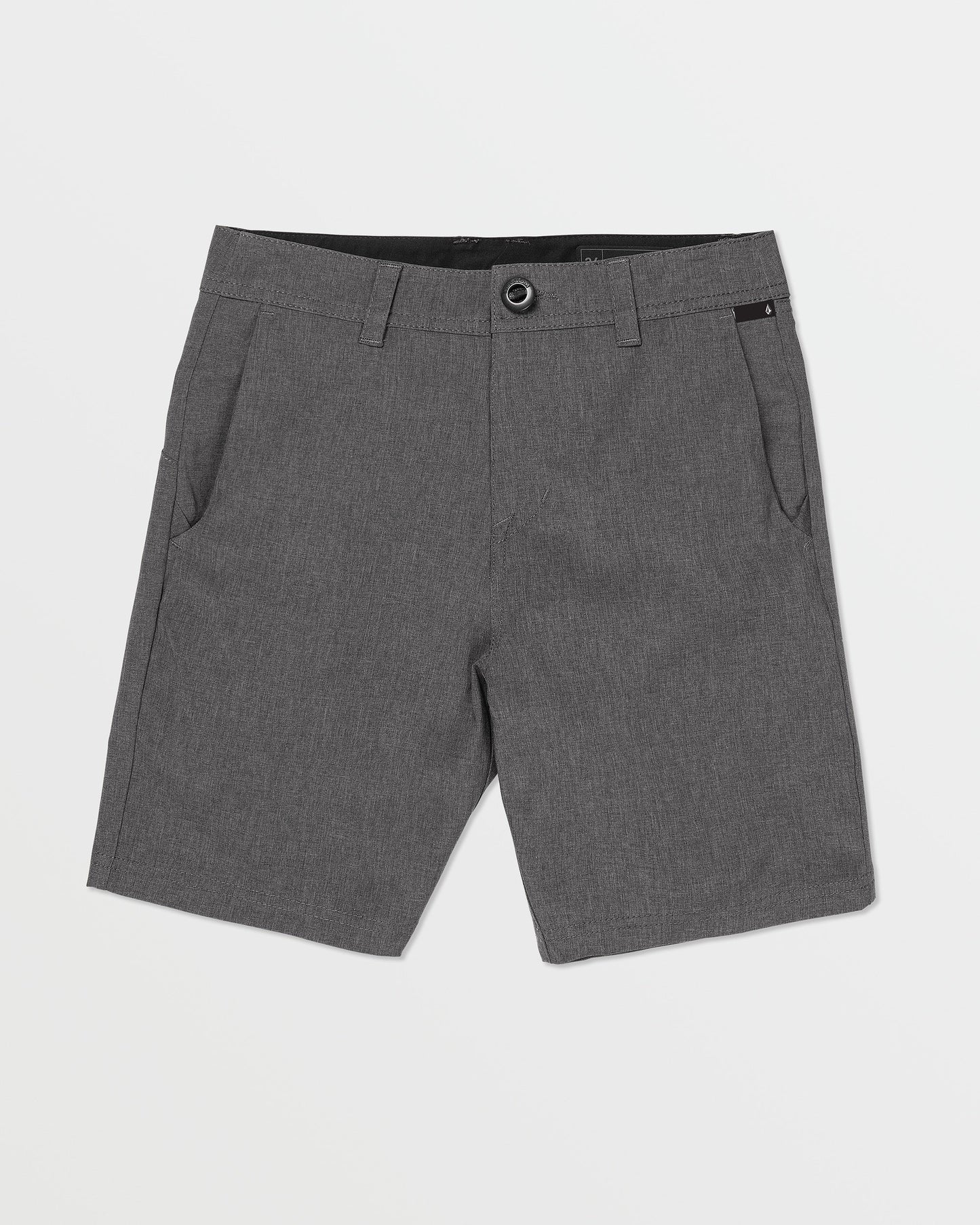 A pair of gray Kids' Frickin Cross Shred Static Shorts by Volcom, knee-length with front pockets, belt loops, and button closure, laid flat on a white background.