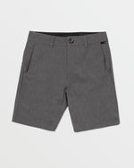 A pair of gray Kids' Frickin Cross Shred Static Shorts by Volcom, knee-length with front pockets, belt loops, and button closure, laid flat on a white background.