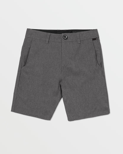 A pair of gray Kids' Frickin Cross Shred Static Shorts by Volcom, knee-length with front pockets, belt loops, and button closure, laid flat on a white background.