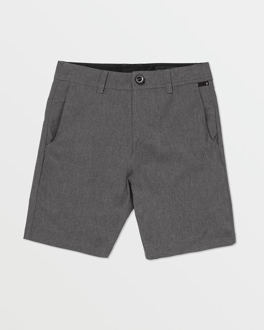 A pair of gray Kids' Frickin Cross Shred Static Shorts by Volcom, knee-length with front pockets, belt loops, and button closure, laid flat on a white background.