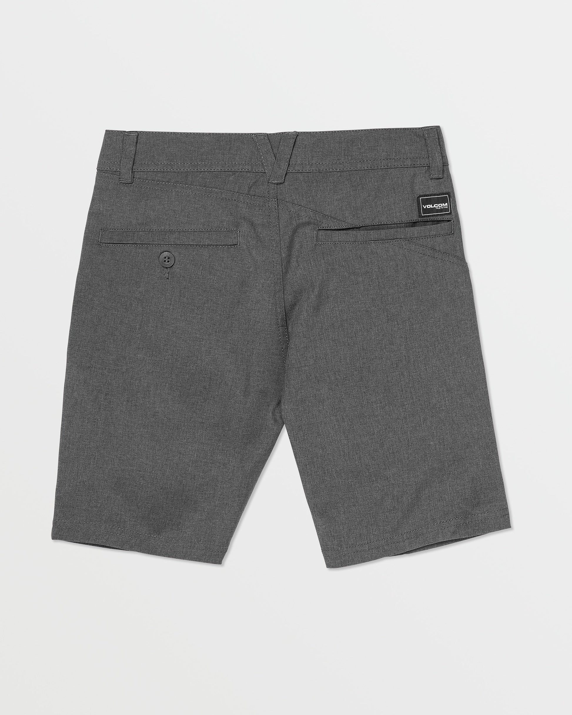 The Volcom Kids' Frickin Cross Shred Static Shorts in gray are shown from the back, featuring two rear pockets (one with a button), a black Volcom label above the right pocket, and made with recycled polyester for durability and stretch.