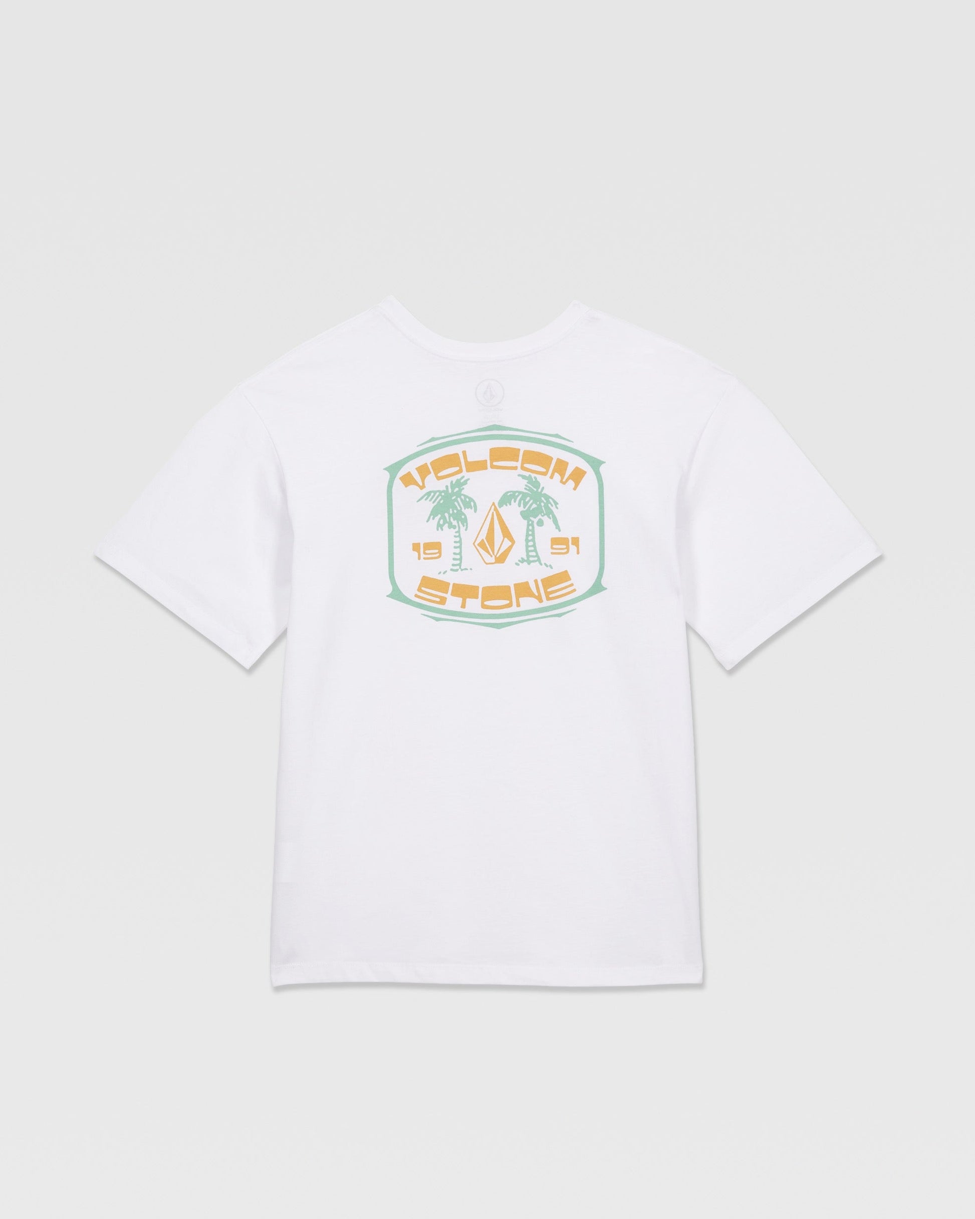 The Volcom Kids' 91 Palm Short Sleeve Tee features a large back graphic with two palm trees, the Volcom Stone logo, and “Volcom Stone 1991” in pastel tones—ideal with loose fit denim for an easygoing, stylish vibe.