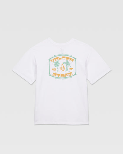 The Volcom Kids' 91 Palm Short Sleeve Tee features a large back graphic with two palm trees, the Volcom Stone logo, and “Volcom Stone 1991” in pastel tones—ideal with loose fit denim for an easygoing, stylish vibe.
