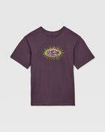 The Volcom Kids' Live Wire Short Sleeve Tee is a purple boys’ relaxed fit top with an eye and yellow flames graphic plus pink VOLCOM text on the chest, made from soft organic cotton. Displayed flat on a white background.