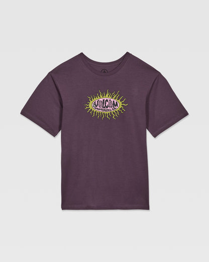 The Volcom Kids' Live Wire Short Sleeve Tee is a purple boys’ relaxed fit top with an eye and yellow flames graphic plus pink VOLCOM text on the chest, made from soft organic cotton. Displayed flat on a white background.