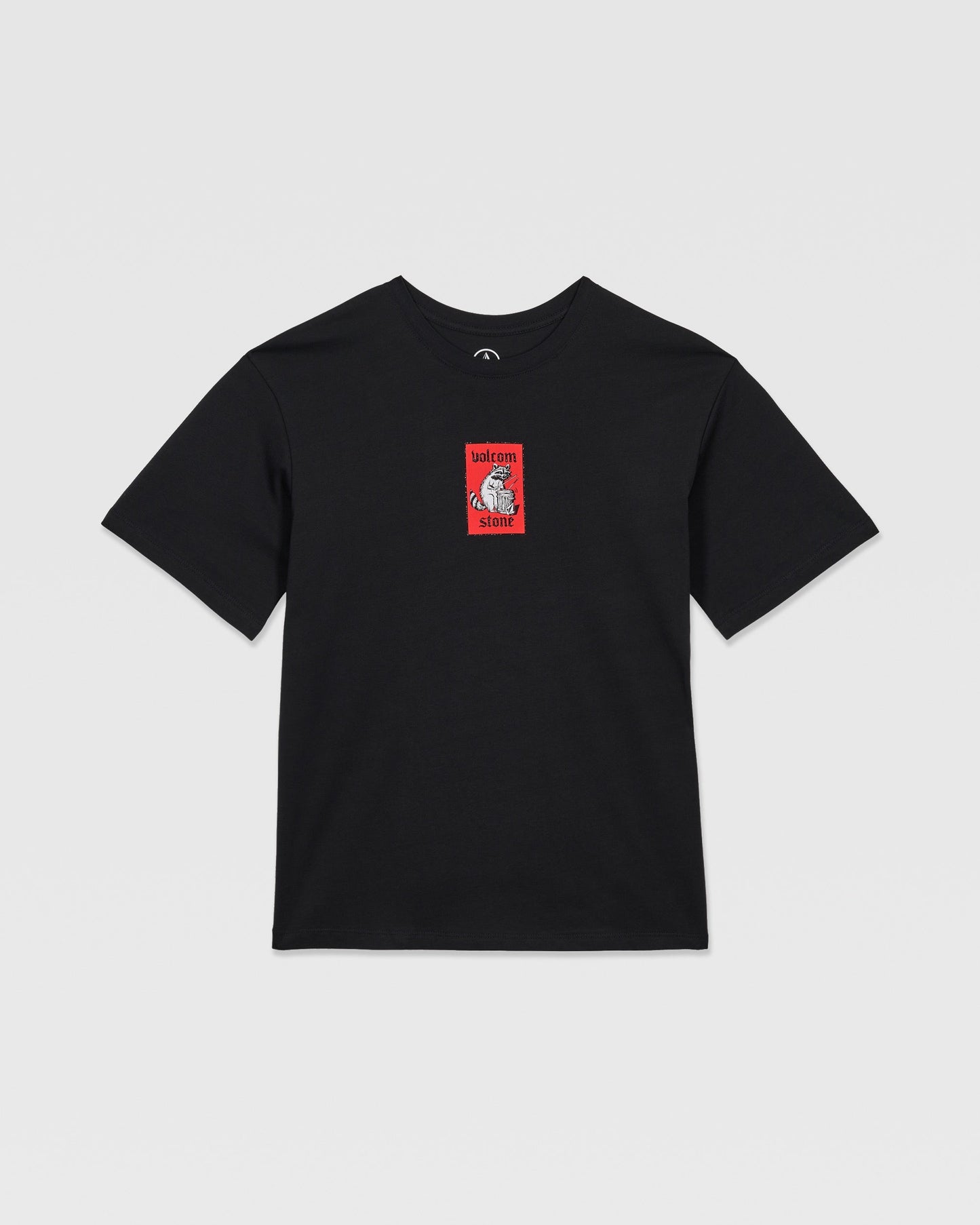 The Volcom Kids' Rockout Short Sleeve Tee is a relaxed fit black boys’ tee featuring a small red rectangle on the chest with a white unicorn and “Unicorn Store” text.