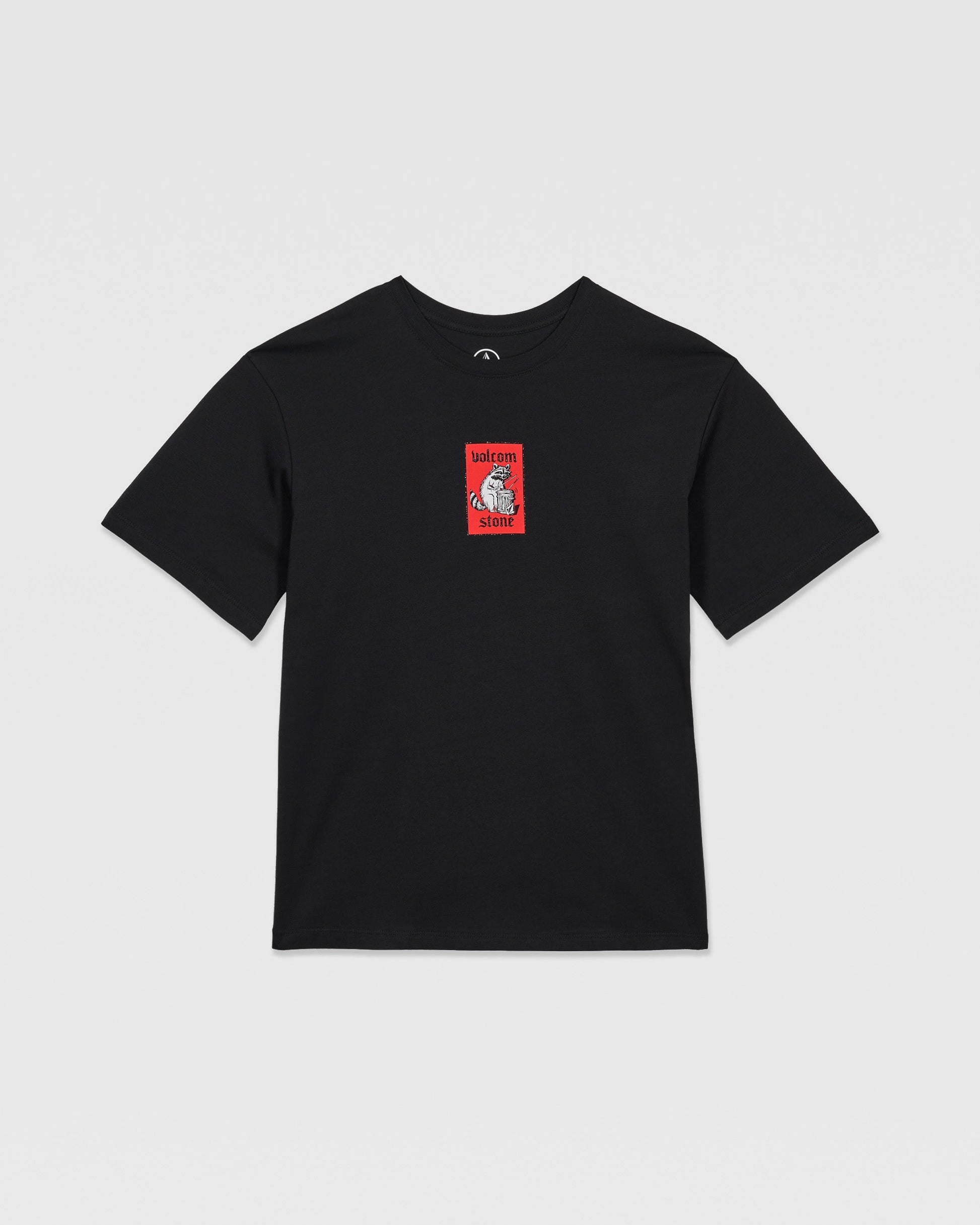The Volcom Kids' Rockout Short Sleeve Tee is a relaxed fit black boys’ tee featuring a small red rectangle on the chest with a white unicorn and “Unicorn Store” text.