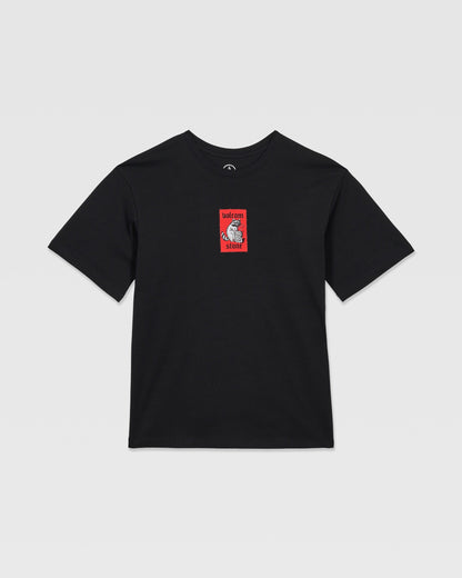 The Volcom Kids' Rockout Short Sleeve Tee is a relaxed fit black boys’ tee featuring a small red rectangle on the chest with a white unicorn and “Unicorn Store” text.
