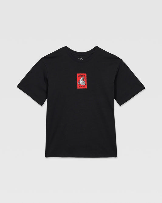 The Volcom Kids' Rockout Short Sleeve Tee is a relaxed fit black boys’ tee featuring a small red rectangle on the chest with a white unicorn and “Unicorn Store” text.