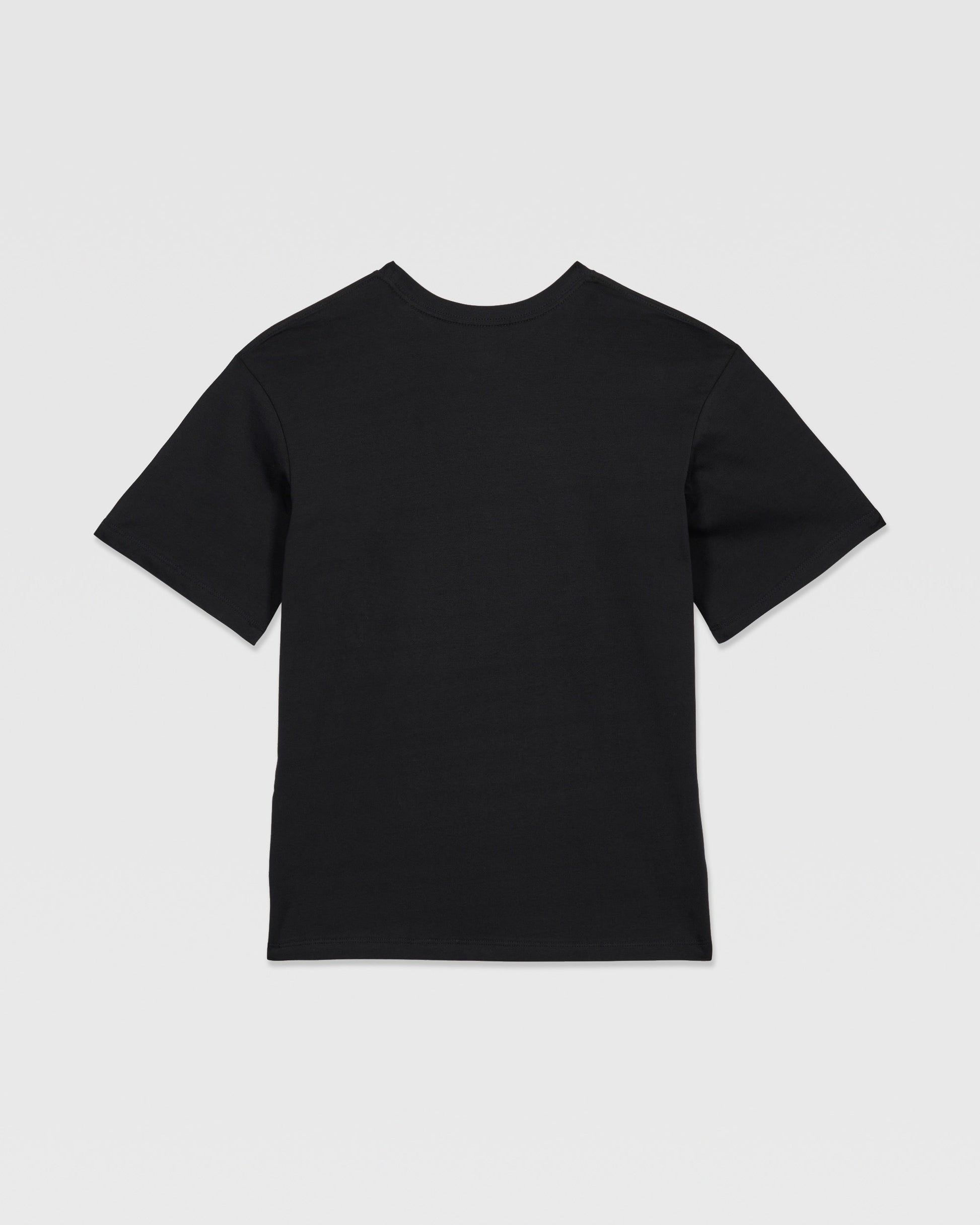 The Volcom Kids' Rockout Short Sleeve Tee, a relaxed fit black boys' t-shirt, is shown laid flat with the back facing up against a white background.