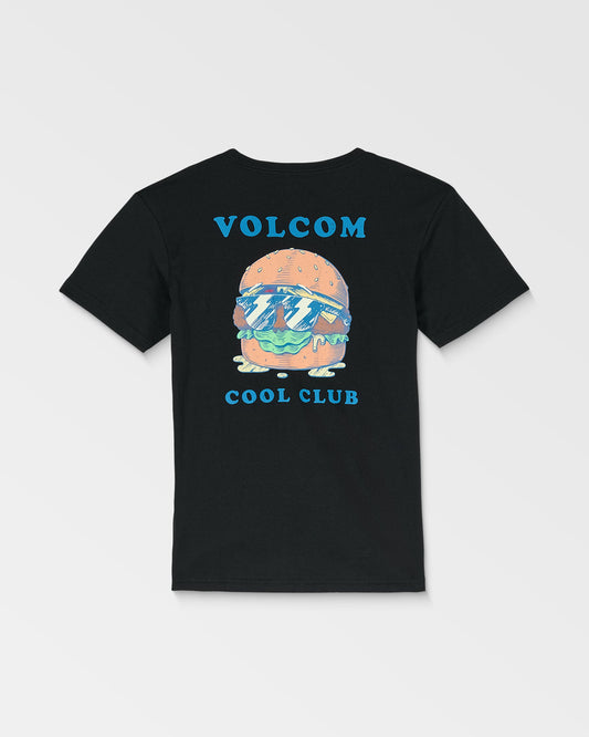 The Volcom Kids' Burgstone Pocket Tee is a black organic cotton shirt with a cartoon hamburger wearing sunglasses on the pocket. The back has VOLCOM in blue above and COOL CLUB below the burger graphic.