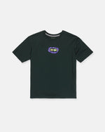 A black Boy's Featured Artist Ozzy 2 Short Sleeve Tee by Volcom, featuring a small, colorful "Venom" comic-style graphic with a jagged burst design on the left chest. Made from premium ring spun cotton for comfort and durability, this classic fit shirt is shown laid flat on a white background.