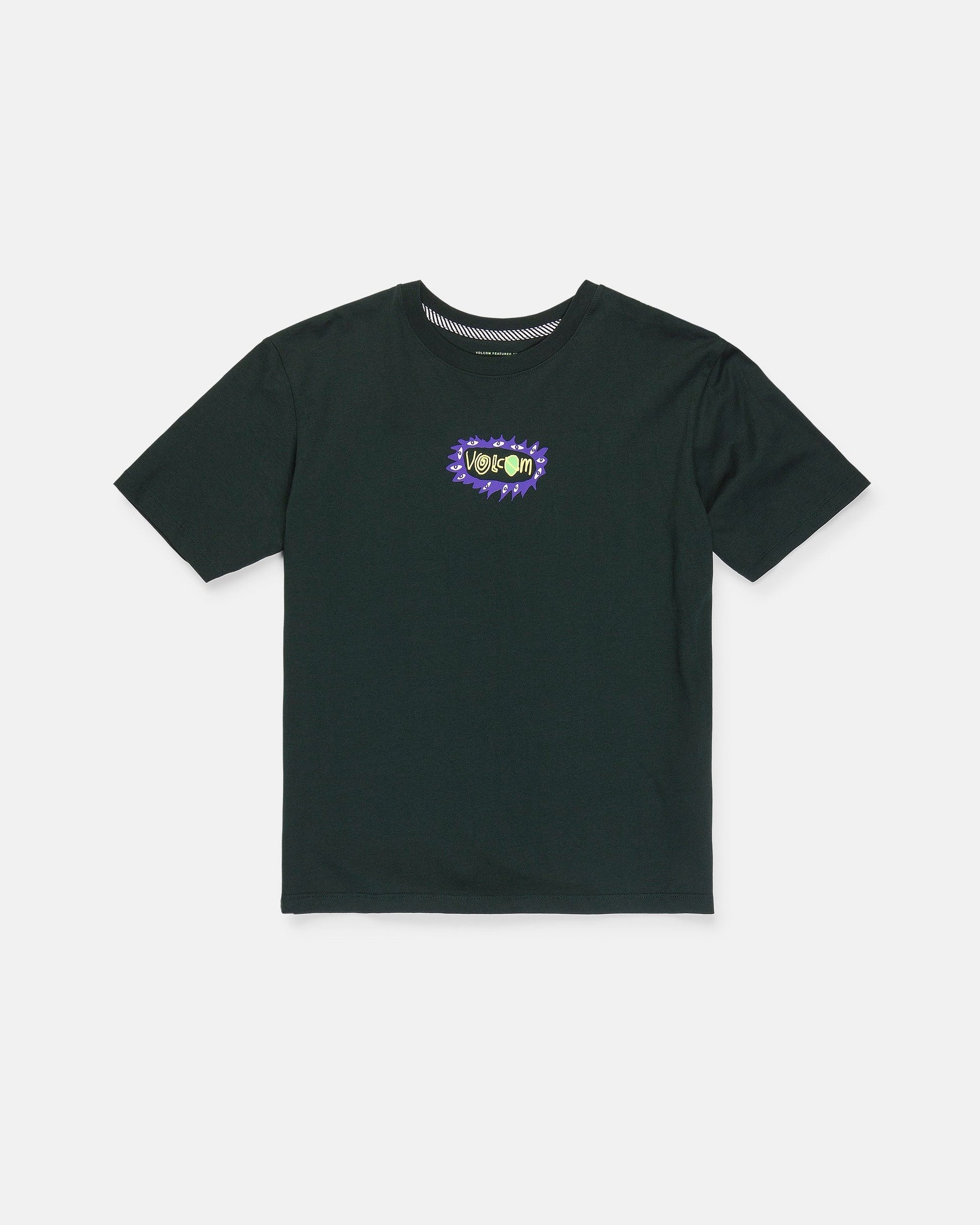 A black Boy's Featured Artist Ozzy 2 Short Sleeve Tee by Volcom, featuring a small, colorful "Venom" comic-style graphic with a jagged burst design on the left chest. Made from premium ring spun cotton for comfort and durability, this classic fit shirt is shown laid flat on a white background.
