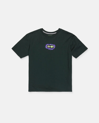 A black Boy's Featured Artist Ozzy 2 Short Sleeve Tee by Volcom, featuring a small, colorful "Venom" comic-style graphic with a jagged burst design on the left chest. Made from premium ring spun cotton for comfort and durability, this classic fit shirt is shown laid flat on a white background.