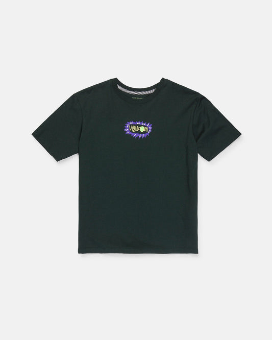 A black Boy's Featured Artist Ozzy 2 Short Sleeve Tee by Volcom, featuring a small, colorful "Venom" comic-style graphic with a jagged burst design on the left chest. Made from premium ring spun cotton for comfort and durability, this classic fit shirt is shown laid flat on a white background.