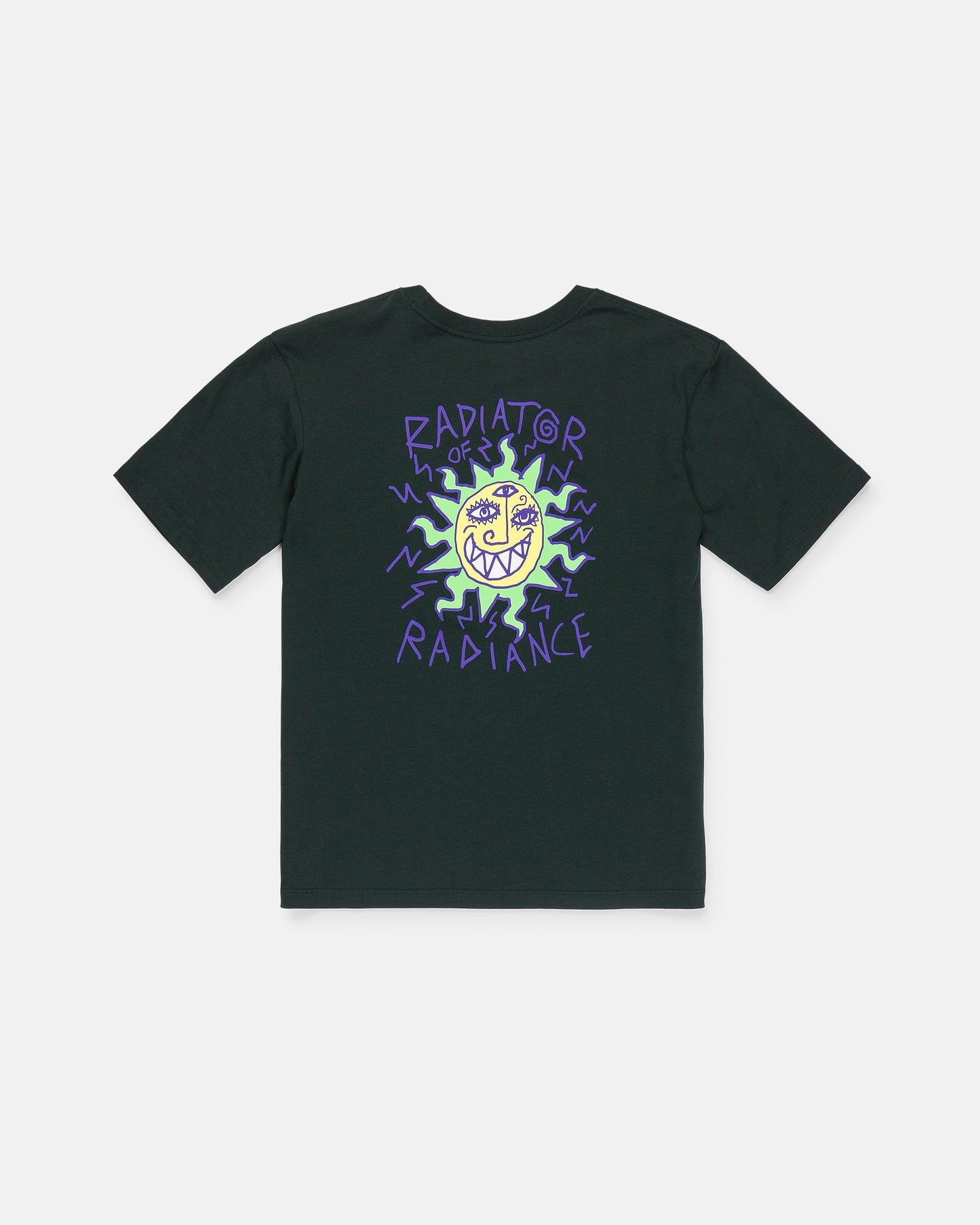 The Volcom Boy's Featured Artist Ozzy 2 Short Sleeve Tee showcases a black design with a striking graphic on the back—a yellow sun with a face encircled by purple zigzag lines. "RADIATOR" appears above, and "OF RADIANCE" below in bold, stylized purple letters. Crafted from premium ring spun cotton for a soft feel and classic fit, this tee highlights Ozzy Wrong’s signature artistic style.