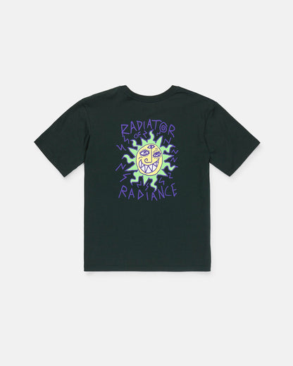The Volcom Boy's Featured Artist Ozzy 2 Short Sleeve Tee showcases a black design with a striking graphic on the back—a yellow sun with a face encircled by purple zigzag lines. "RADIATOR" appears above, and "OF RADIANCE" below in bold, stylized purple letters. Crafted from premium ring spun cotton for a soft feel and classic fit, this tee highlights Ozzy Wrong’s signature artistic style.