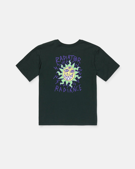 The Volcom Boy's Featured Artist Ozzy 2 Short Sleeve Tee showcases a black design with a striking graphic on the back—a yellow sun with a face encircled by purple zigzag lines. "RADIATOR" appears above, and "OF RADIANCE" below in bold, stylized purple letters. Crafted from premium ring spun cotton for a soft feel and classic fit, this tee highlights Ozzy Wrong’s signature artistic style.