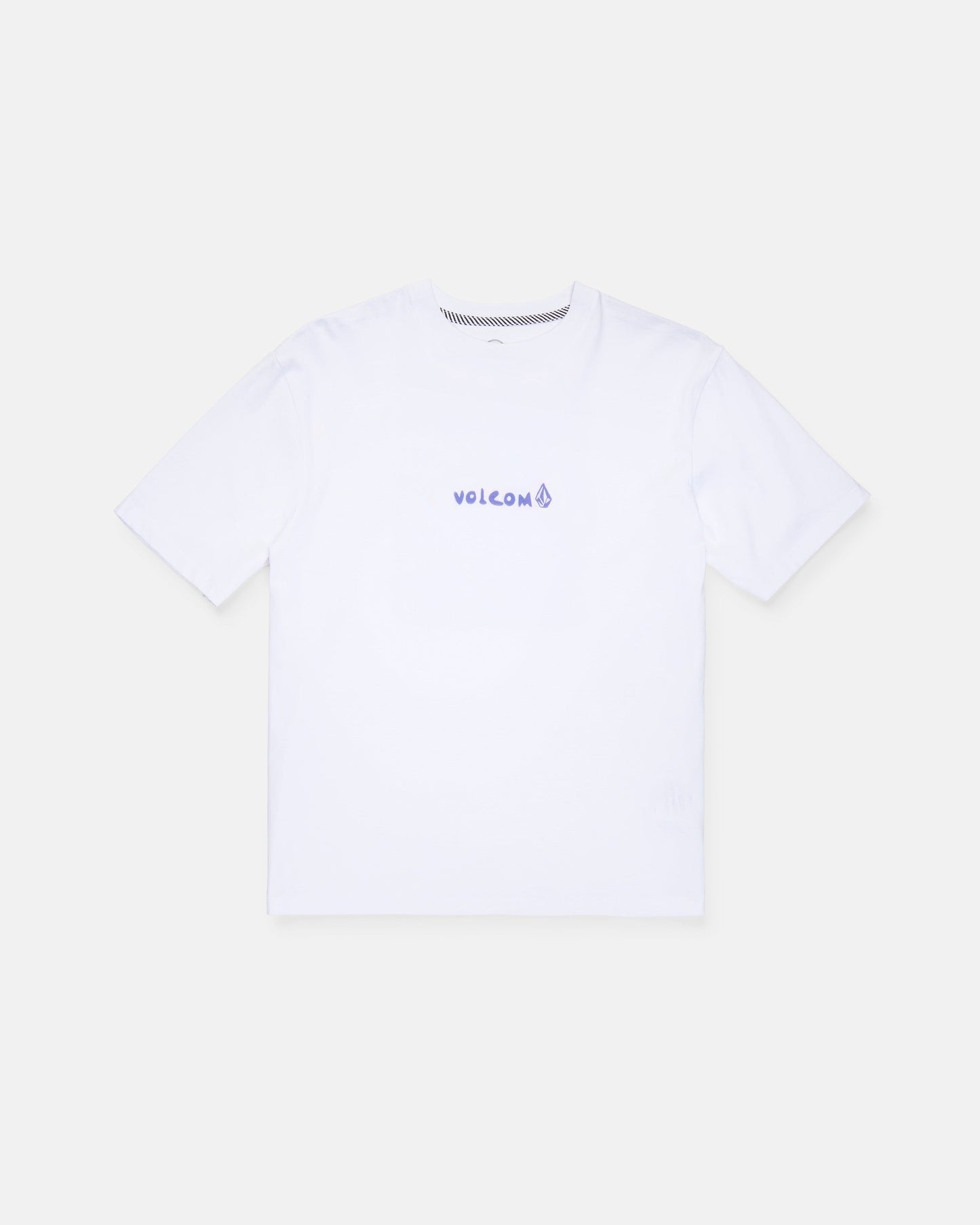 A Boy's Weirdcard Short Sleeve Tee by Volcom, featuring a classic fit in plain white with "VOLCOM" and a small logo printed in purple on the chest, crafted from premium ring-spun cotton and shown on a light gray background.